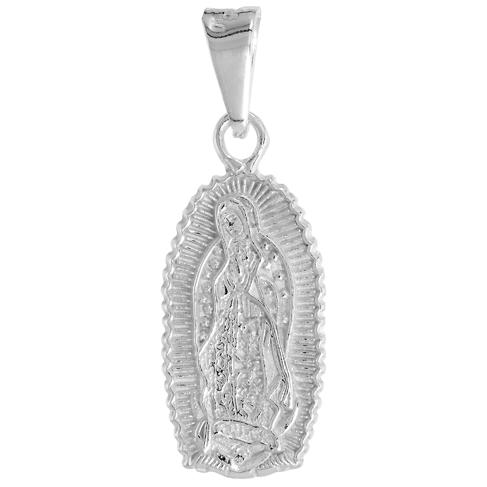 1 INCH STERLING SILVER OUR LADY OF GUADALUPE PENDANT DIOS TE SALVE MARIA PRAYER OVAL