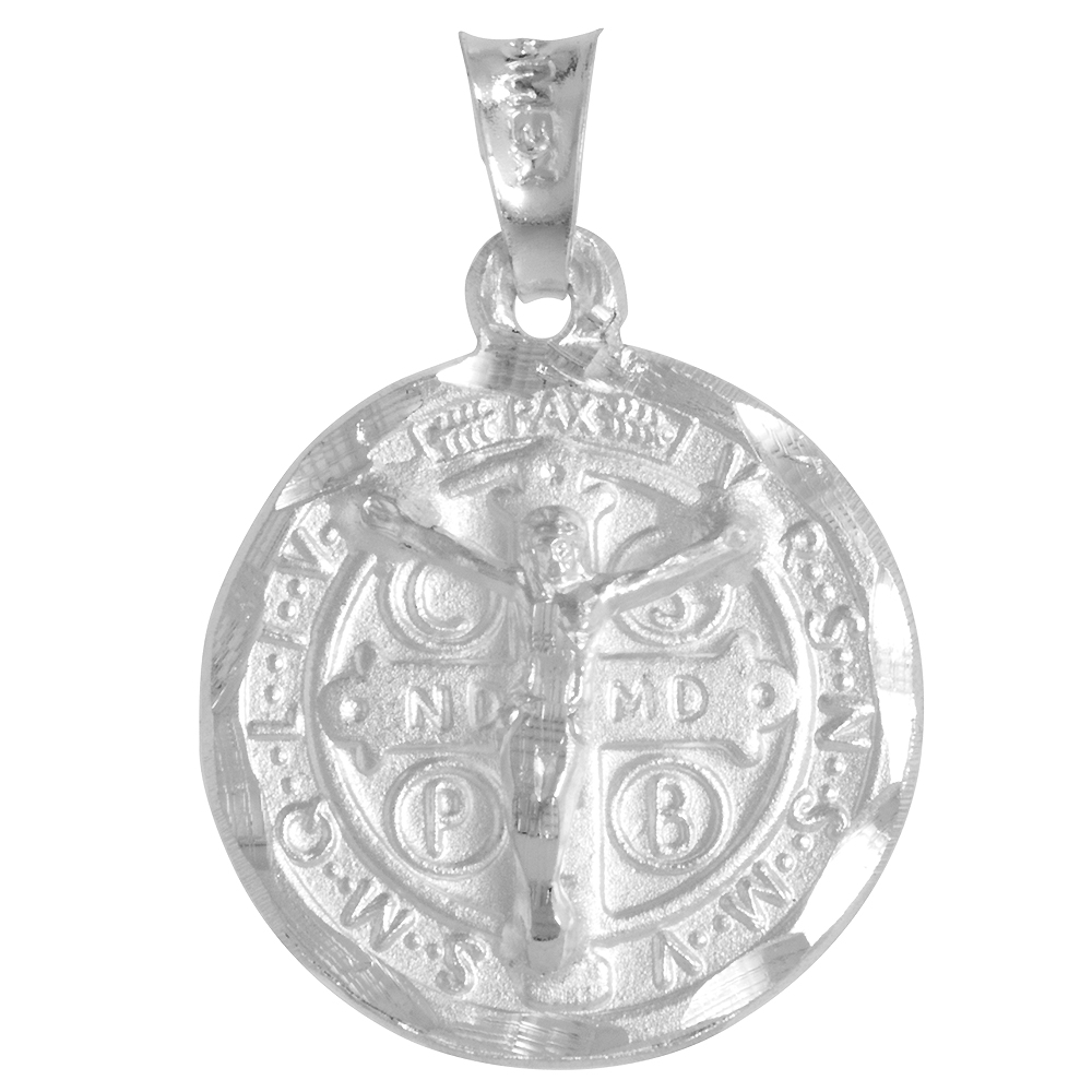 3/4 INCH STERLING SILVER ST BENEDICT CROSS MEDAL PENDANT FOR MEN AND WOMEN ROUND