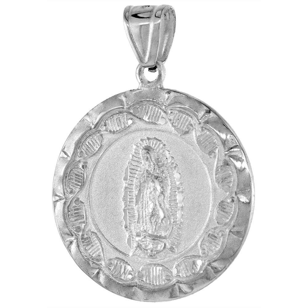 1 1/16 INCH ROUND STERLING SILVER DOUBLE SIDED OUR LADY OF GUADALUPE & SACRED HEART OF JESUS MEDAL PENDANT FOR MEN 27 MM ROUND