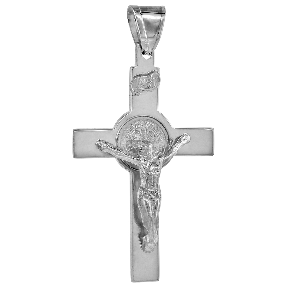 LARGE STERLING SILVER 2 3/8 INCH ST BENEDICT CROSS PENDANT FOR MEN SOLID HEAVY HIGH POLISHED
