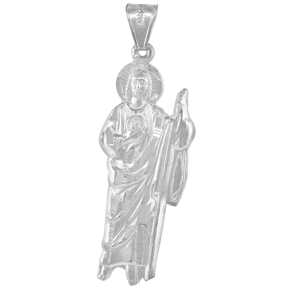 1 5/8 INCH STERLING SILVER SAINT JUDE THADDAEUS PENDANT FOR MEN AND WOMEN SOLID BACK 43MM TALL