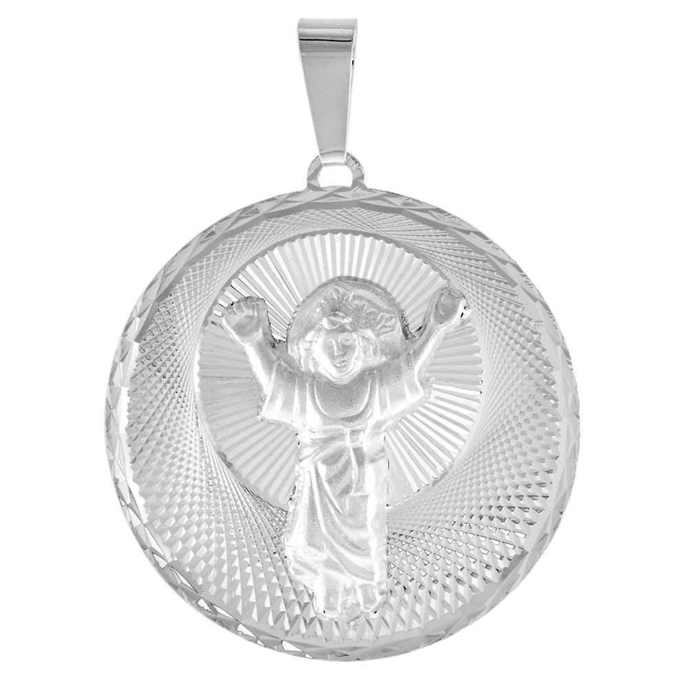 VERY LARGE STERLING SILVER JESUS CHRIST HOLY CHILD MEDAL PENDANT FOR MEN SPARKLING DIAMOND CUT AUREOLA BACKGROUND 1 1/4 INCH ROUND