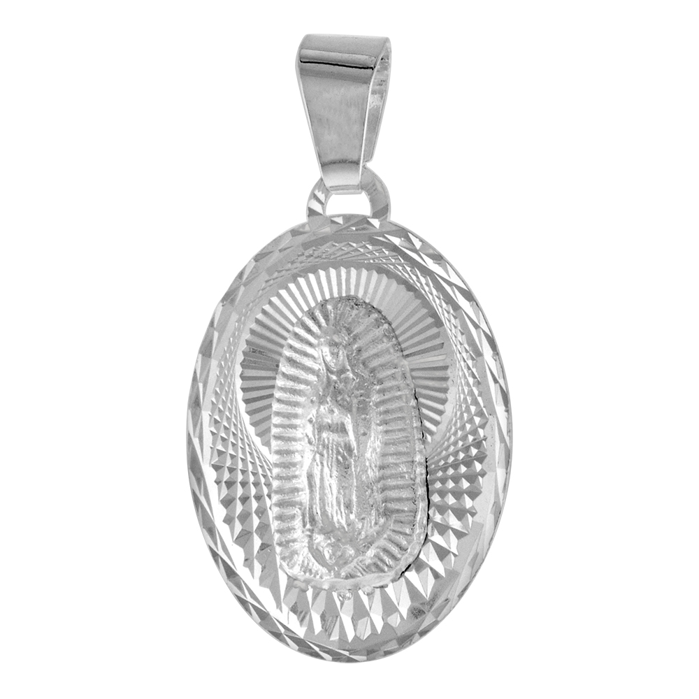 STERLING SILVER OUR LADY GUADALUPE MEDAL PENDANT FOR MEN AND WOMEN SPARKLING DIAMOND CUT AUREOLA BACKGROUND OVAL 3/4 INCH TALL