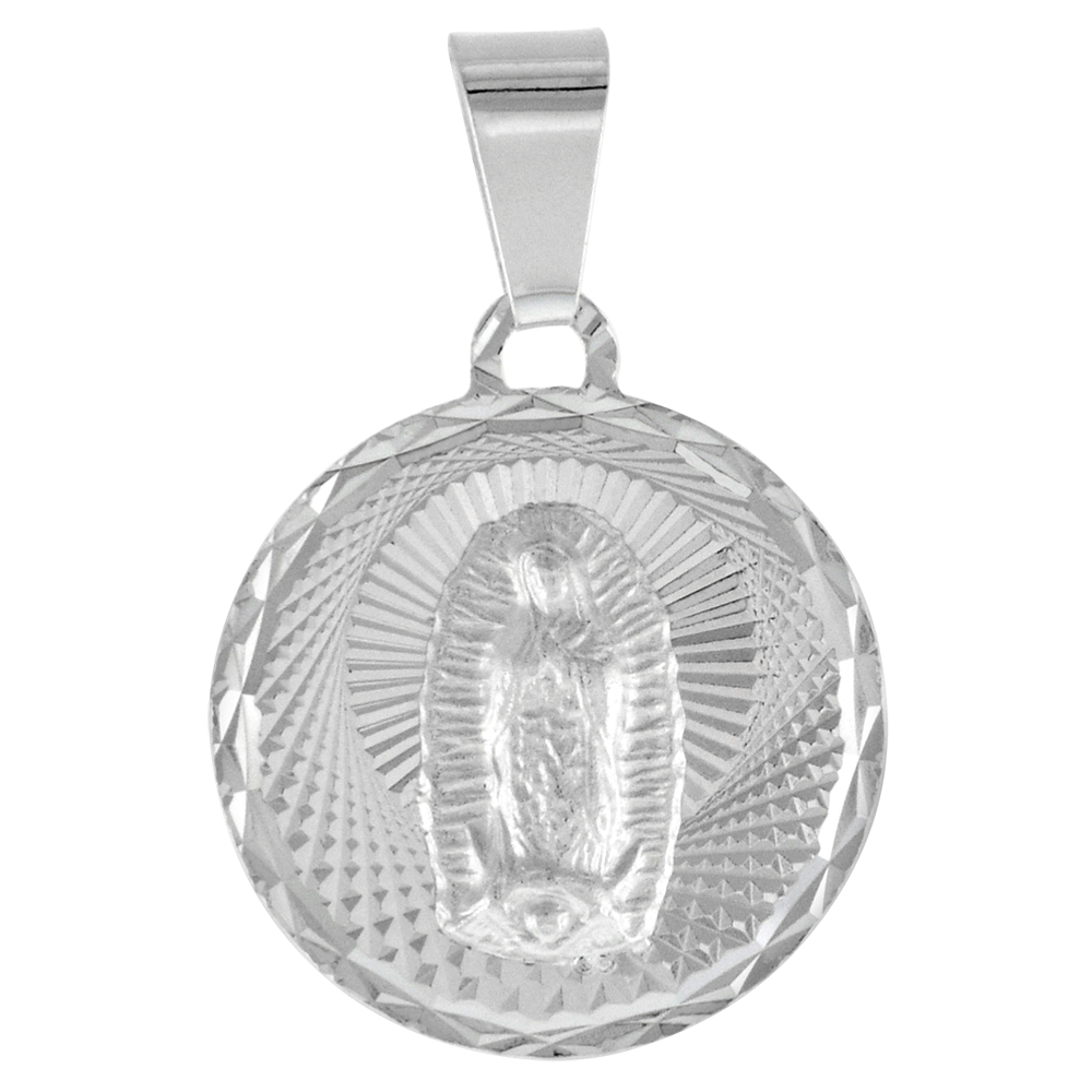 SMALL STERLING SILVER OUR LADY GUADALUPE MEDAL PENDANT FOR MEN AND WOMEN SPARKLING DIAMOND CUT AUREOLA BACKGROUND 5/8 INCH ROUND