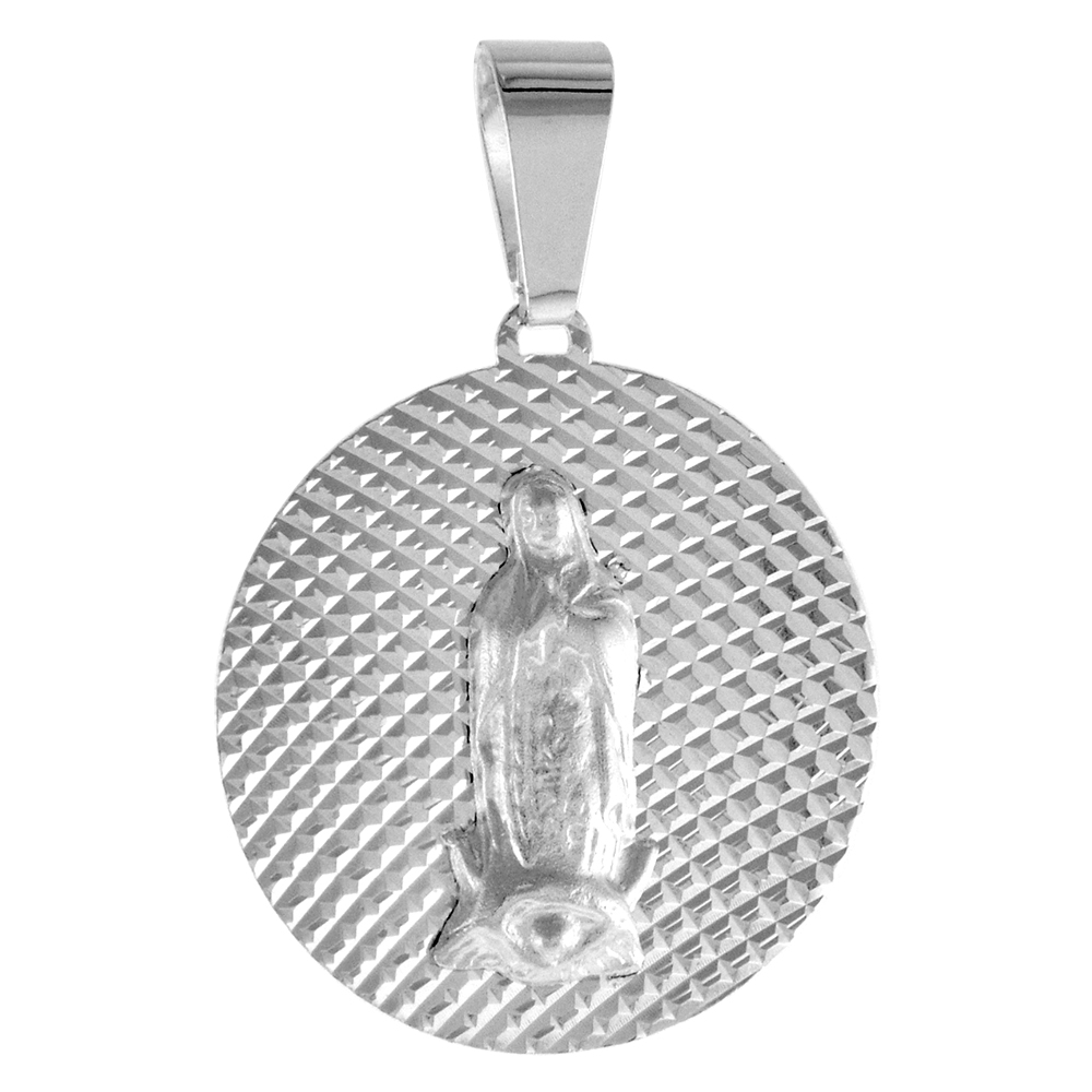 STERLING SILVER BLESSED VIRGIN MARY MEDAL PENDANT FOR MEN AND WOMEN SPARKLING DIAMOND CUT AUREOLA BACKGROUND 3/4 INCH ROUND