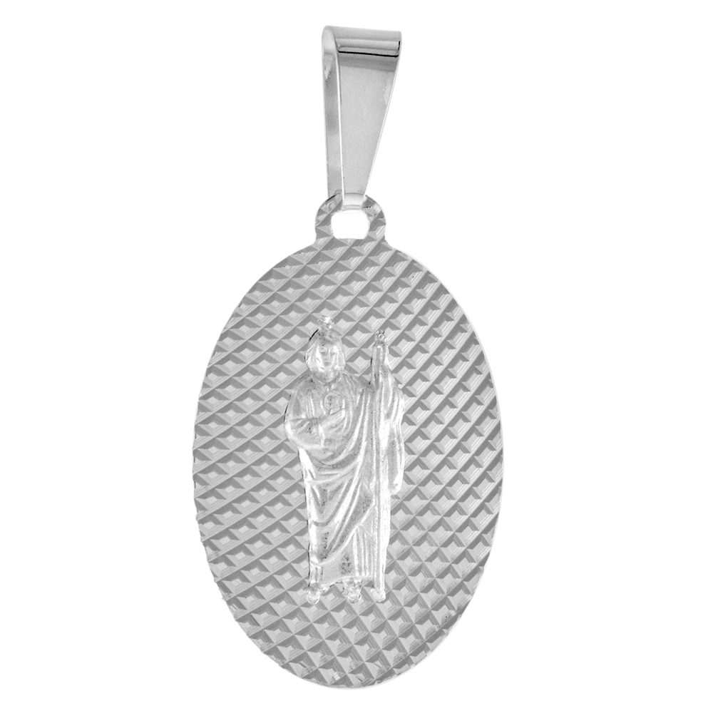 STERLING SILVER ST JUDE THADDEUS MEDAL PENDANT FOR MEN AND WOMEN SPARKLING DIAMOND CUT AUREOLA BACKGROUND OVAL 3/4 INCH TALL