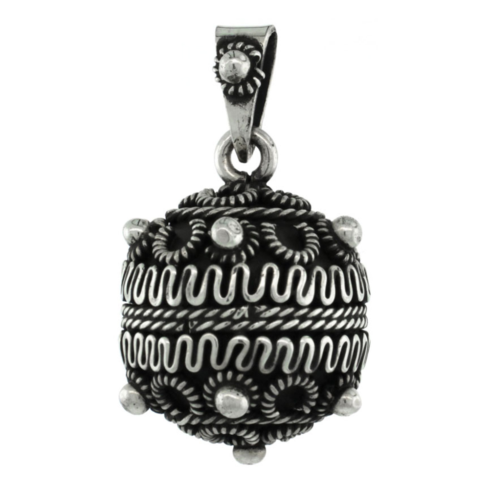 STERLING SILVER BALI STYLE BEADED BALL PENDANT HANDMADE, 3/4 INCH (20.5 MM)