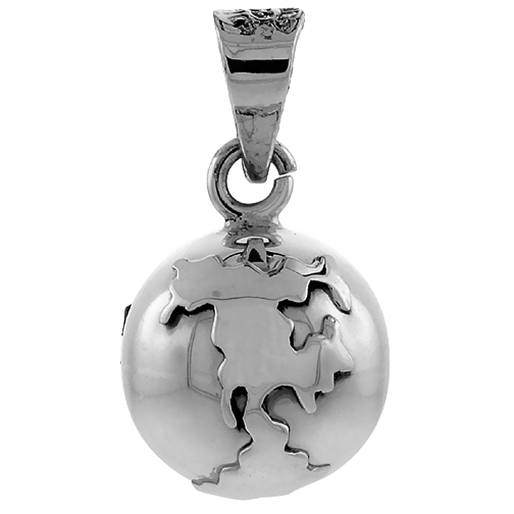 STERLING SILVER GLOBE HARMONY BALL PENDANT HANDMADE, 3/4 INCH WITH SNAKE CHAIN.