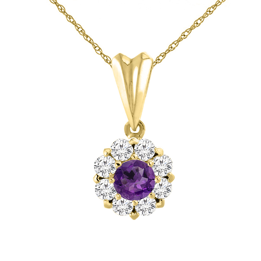 14K Yellow Gold Natural Amethyst Necklace with Diamond Halo Round 6 mm