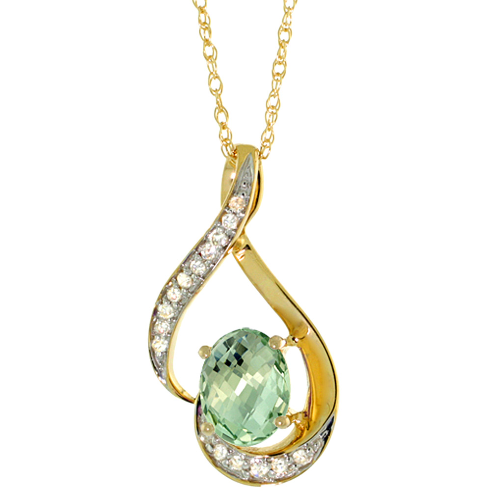 14K Yellow Gold Diamond Natural Green Amethyst Necklace Oval 7x5 mm, 18 inch long