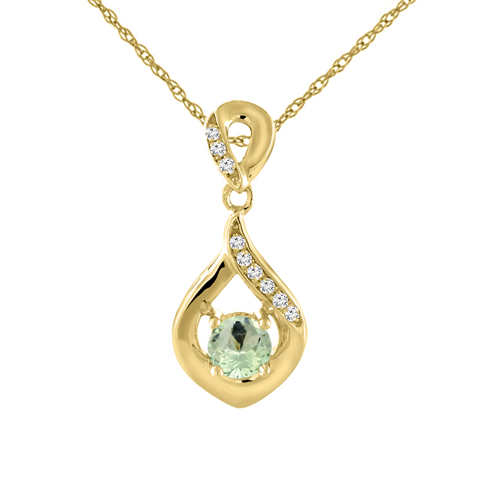 14K Yellow Gold Natural Green Amethyst Necklace with Diamond Accents Round 4 mm