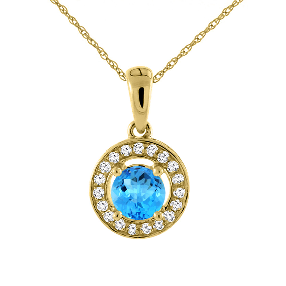 14K YELLOW GOLD NATURAL SWISS BLUE TOPAZ NECKLACE WITH DIAMOND HALO ROUND 5 MM