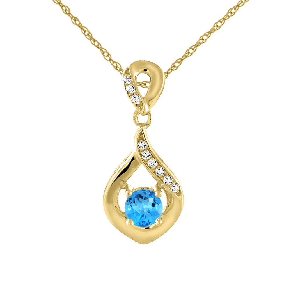 14K Yellow Gold Natural Swiss Blue Topaz Necklace with Diamond Accents Round 4 mm