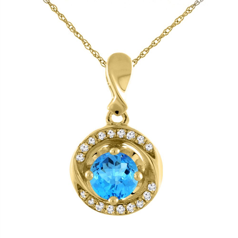 14K YELLOW GOLD NATURAL SWISS BLUE TOPAZ NECKLACE WITH DIAMOND ACCENTS ROUND 4 MM