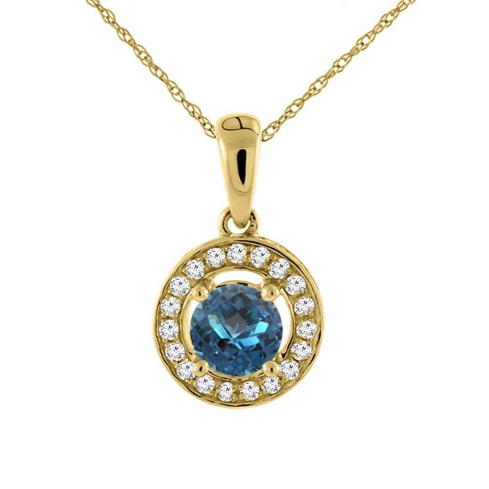 14K Yellow Gold Natural London Blue Topaz Necklace with Diamond Halo Round 5 mm