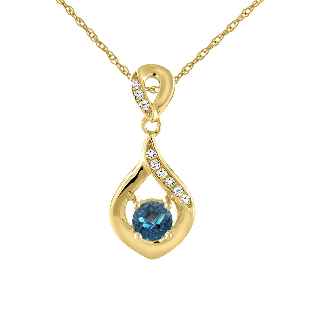 14K Yellow Gold Natural London Blue Topaz Necklace with Diamond Accents Round 4 mm