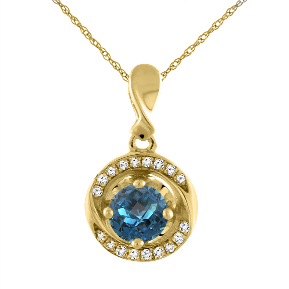 14K Yellow Gold Natural London Blue Topaz Necklace with Diamond Accents Round 4 mm