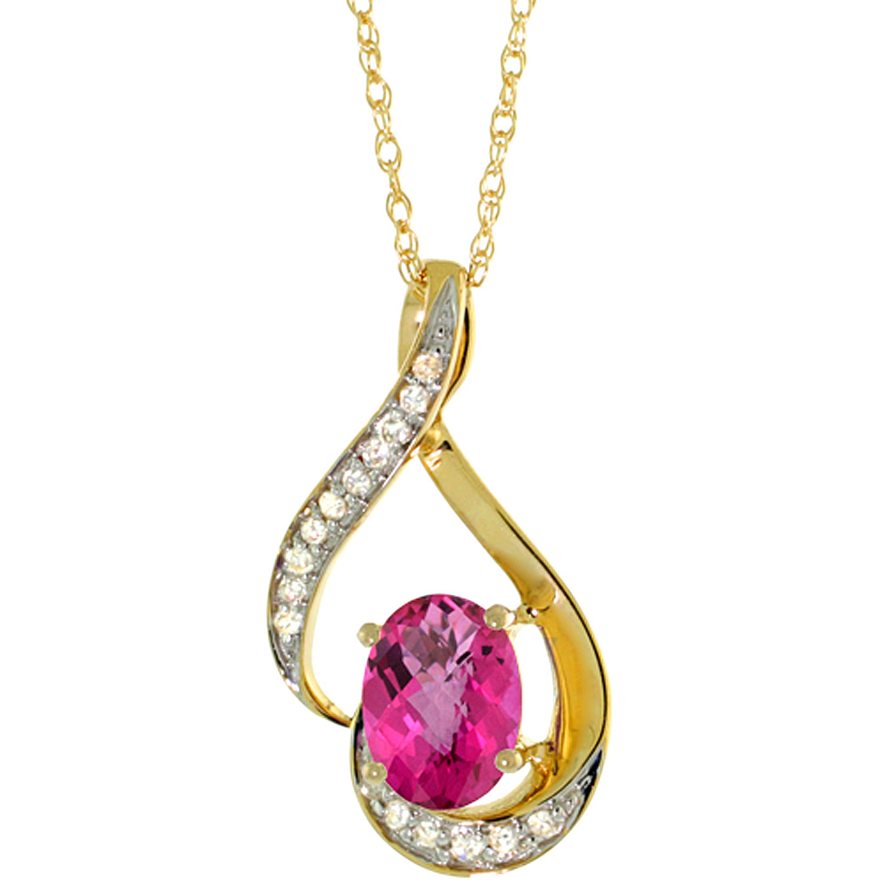 14K YELLOW GOLD DIAMOND NATURAL PINK TOPAZ NECKLACE OVAL 7X5 MM, 18 INCH LONG