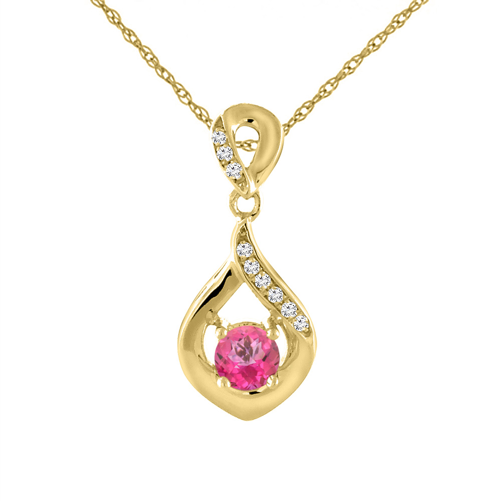 14K YELLOW GOLD NATURAL PINK TOPAZ NECKLACE WITH DIAMOND ACCENTS ROUND 4 MM