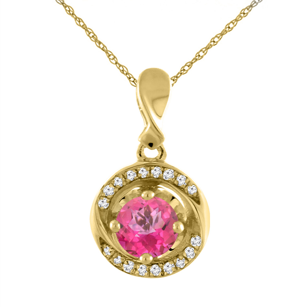 14K Yellow Gold Natural Pink Topaz Necklace with Diamond Accents Round 4 mm