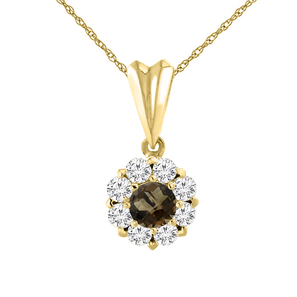 14K YELLOW GOLD NATURAL SMOKY TOPAZ NECKLACE WITH DIAMOND HALO ROUND 4 MM