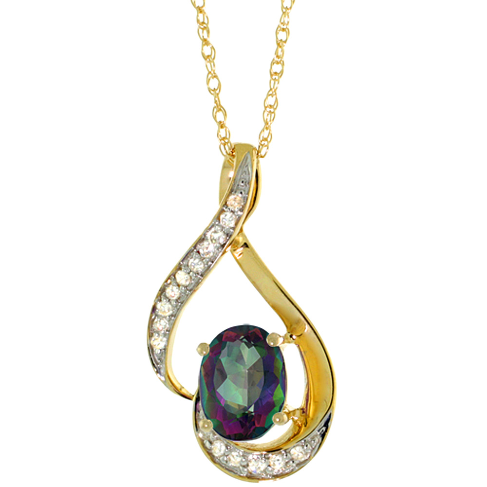 14K Yellow Gold Diamond Natural Mystic Topaz Necklace Oval 7x5 mm, 18 inch long
