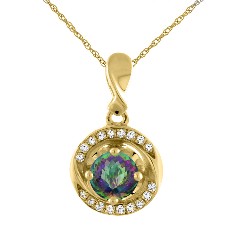 14K YELLOW GOLD NATURAL MYSTIC TOPAZ NECKLACE WITH DIAMOND ACCENTS ROUND 4 MM
