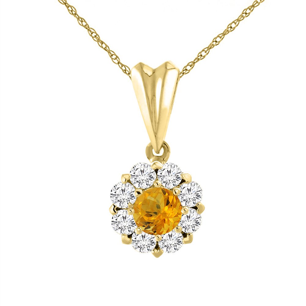 14K YELLOW GOLD NATURAL CITRINE NECKLACE WITH DIAMOND HALO ROUND 6 MM
