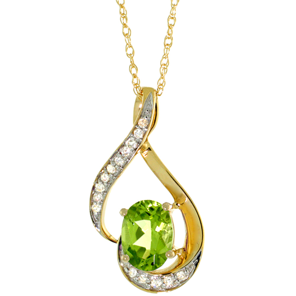 14K YELLOW GOLD DIAMOND NATURAL PERIDOT NECKLACE OVAL 7X5 MM, 18 INCH LONG