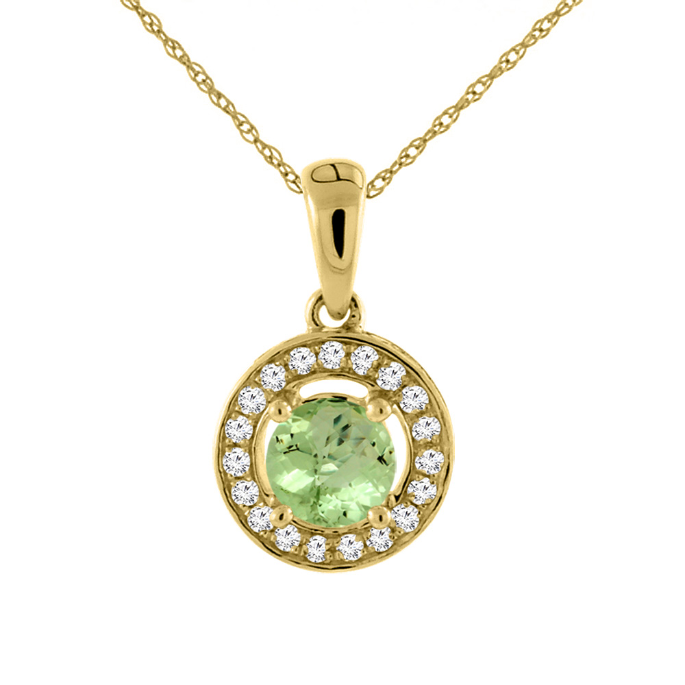 14K YELLOW GOLD NATURAL PERIDOT NECKLACE WITH DIAMOND HALO ROUND 5 MM