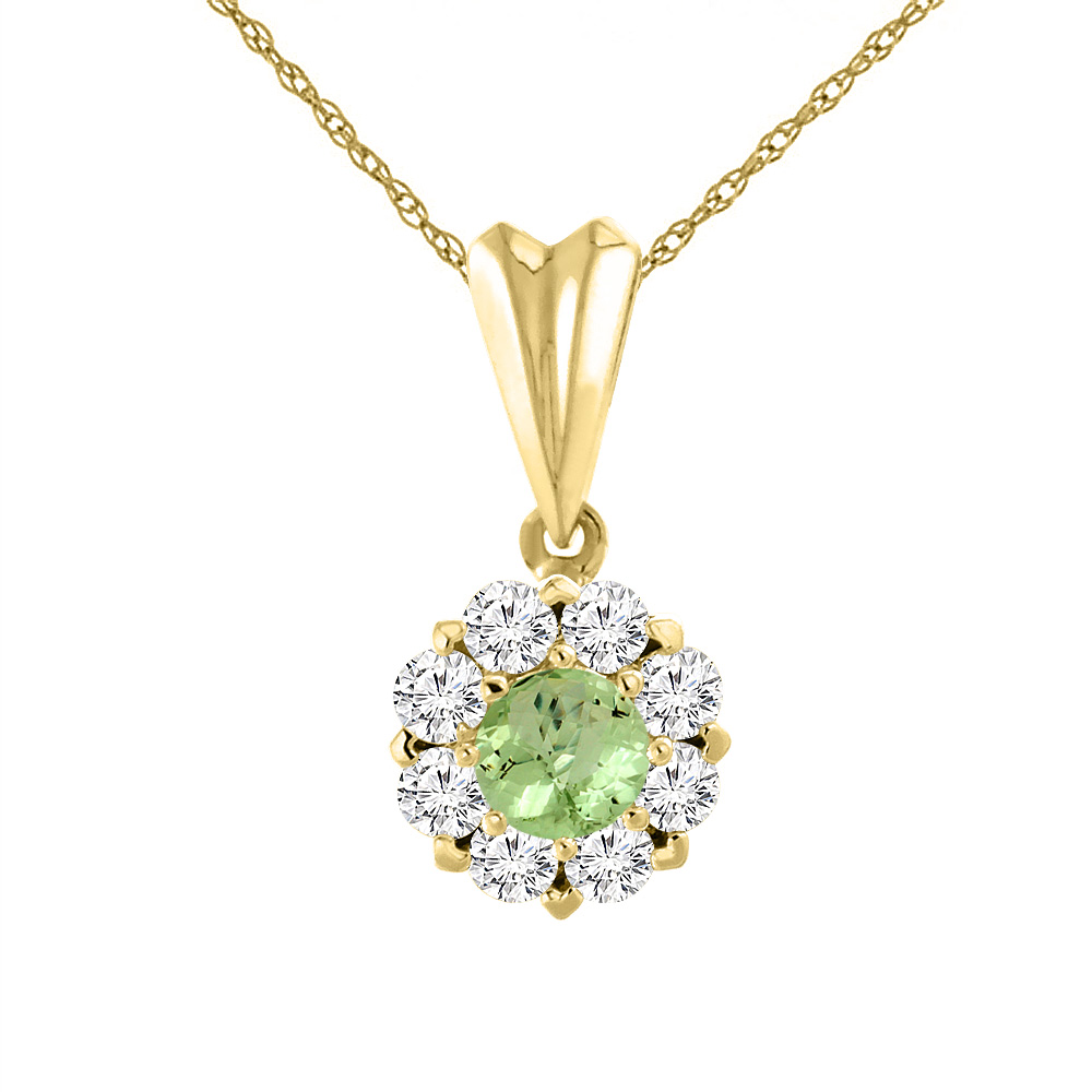 14K YELLOW GOLD NATURAL PERIDOT NECKLACE WITH DIAMOND HALO ROUND 6 MM
