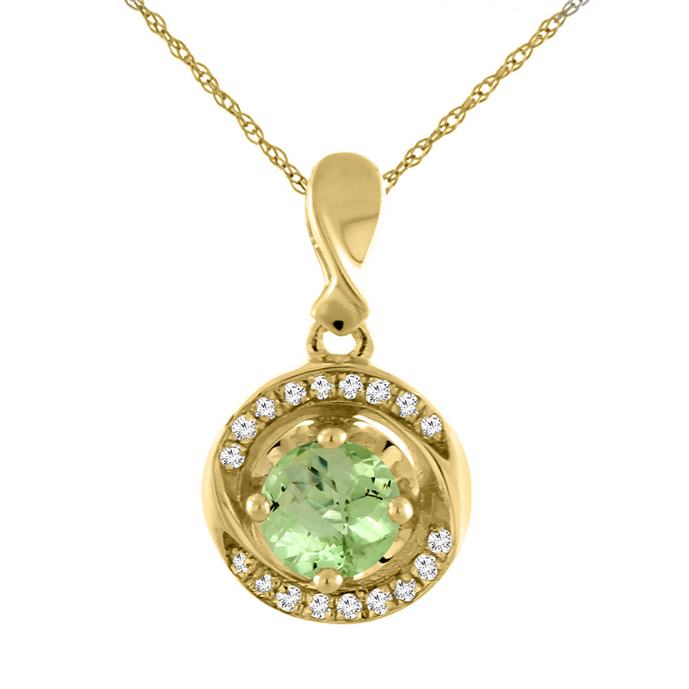 14K YELLOW GOLD NATURAL PERIDOT NECKLACE WITH DIAMOND ACCENTS ROUND 4 MM
