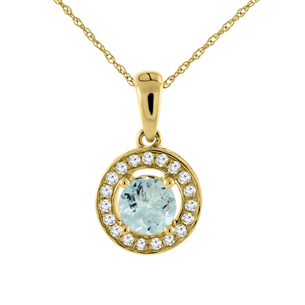 14K YELLOW GOLD NATURAL AQUAMARINE NECKLACE WITH DIAMOND HALO ROUND 5 MM