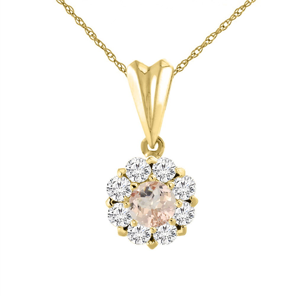 14K YELLOW GOLD NATURAL MORGANITE NECKLACE WITH DIAMOND HALO ROUND 6 MM