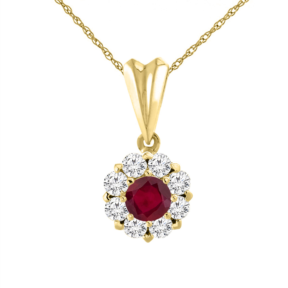 14K YELLOW GOLD ENHANCED GENUINE RUBY NECKLACE WITH DIAMOND HALO ROUND 6 MM