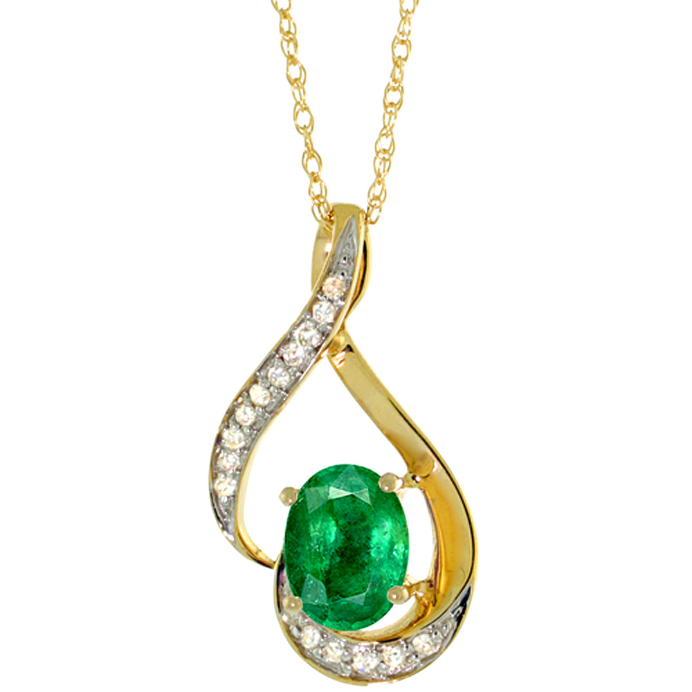 14K YELLOW GOLD DIAMOND NATURAL EMERALD NECKLACE OVAL 7X5 MM, 18 INCH LONG