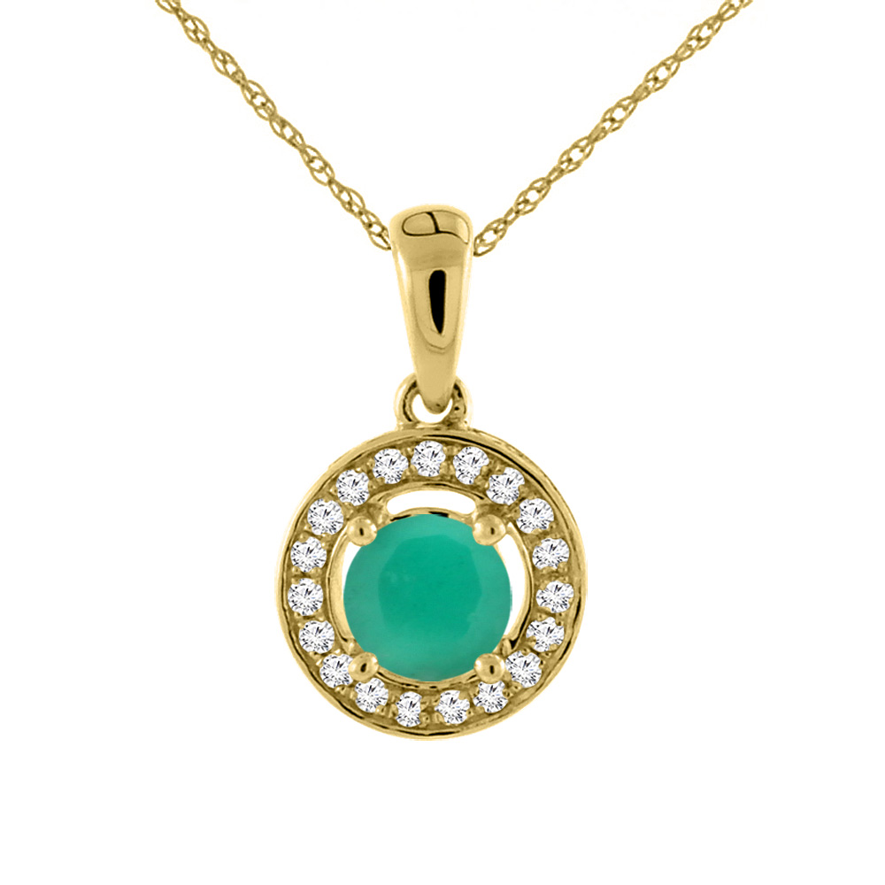 14K YELLOW GOLD NATURAL EMERALD NECKLACE WITH DIAMOND HALO ROUND 5 MM