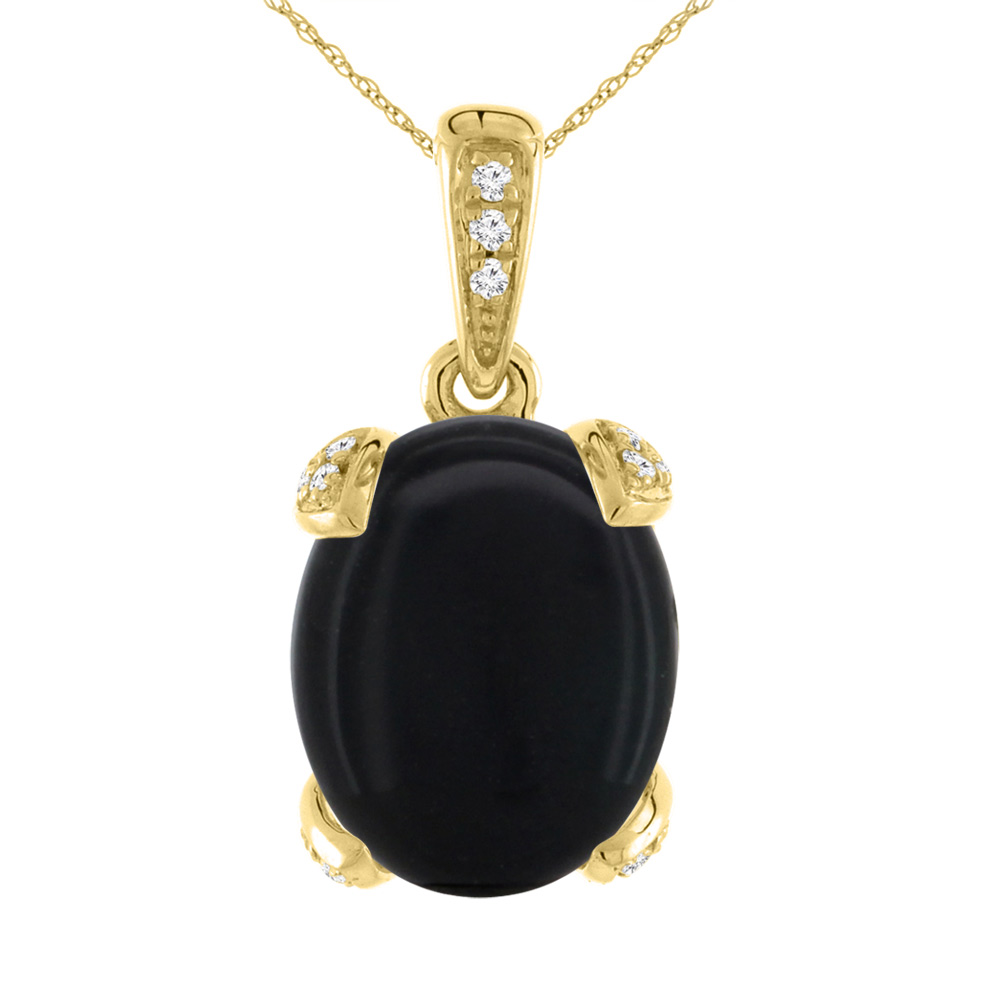 14K YELLOW GOLD NATURAL BLACK ONYX NECKLACE OVAL 10X8 MM WITH DIAMOND ACCENTS