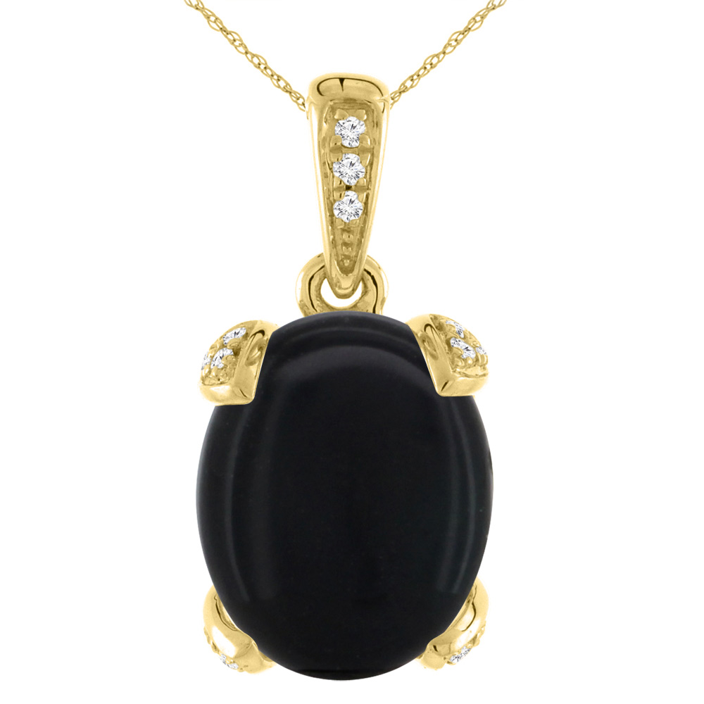 14K YELLOW GOLD NATURAL BLACK ONYX NECKLACE OVAL 12X10 MM WITH DIAMOND ACCENTS