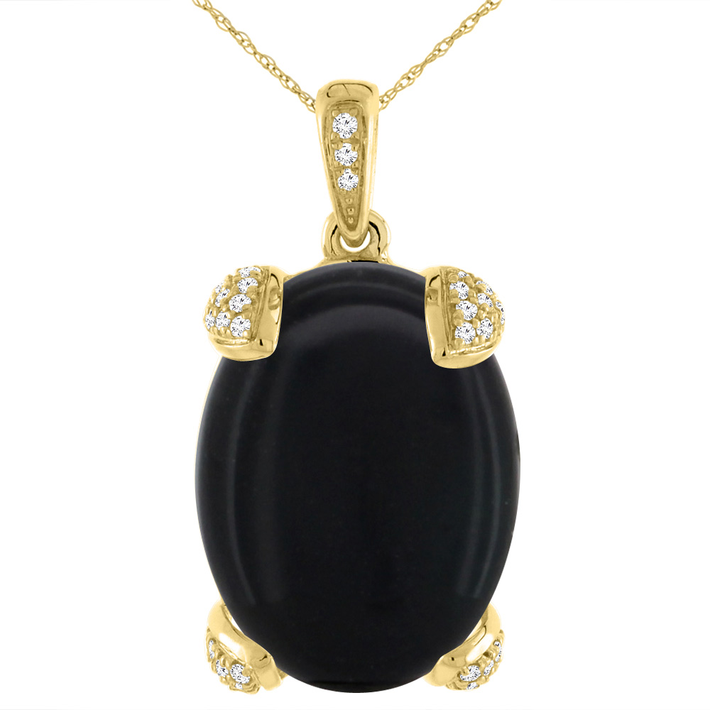 14K YELLOW GOLD NATURAL BLACK ONYX NECKLACE OVAL 18X13 MM WITH DIAMOND ACCENTS
