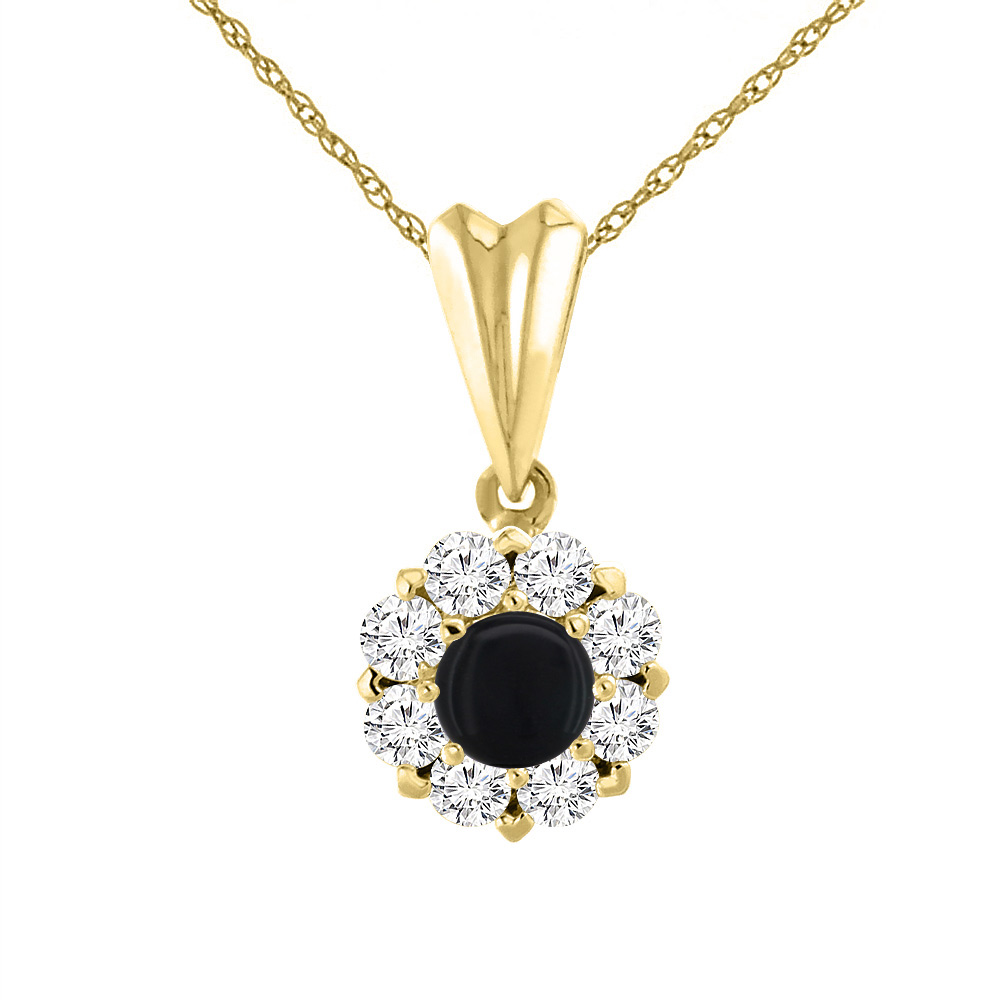 14K YELLOW GOLD NATURAL BLACK ONYX NECKLACE WITH DIAMOND HALO ROUND 6 MM