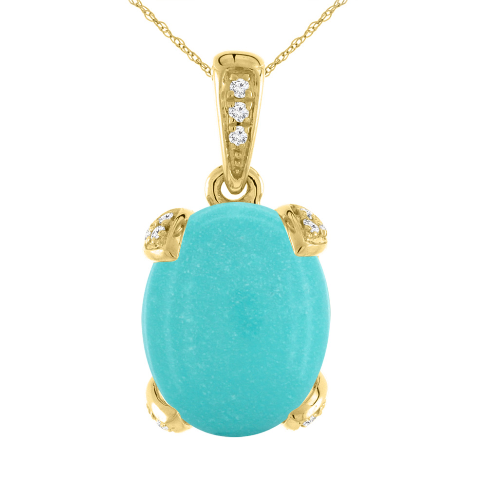 14K Yellow Gold Natural Turquoise Necklace Oval 10x8 mm with Diamond Accents