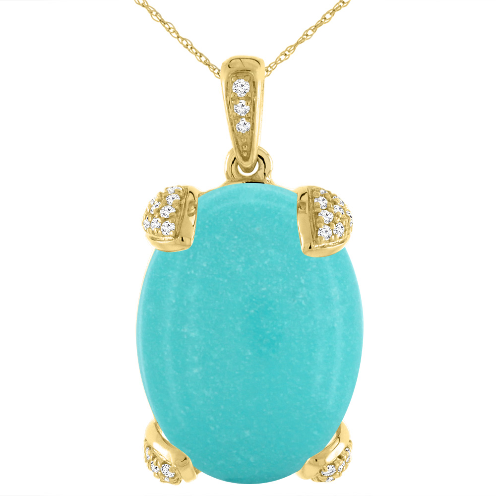 14K YELLOW GOLD NATURAL TURQUOISE NECKLACE OVAL 16X12 MM WITH DIAMOND ACCENTS