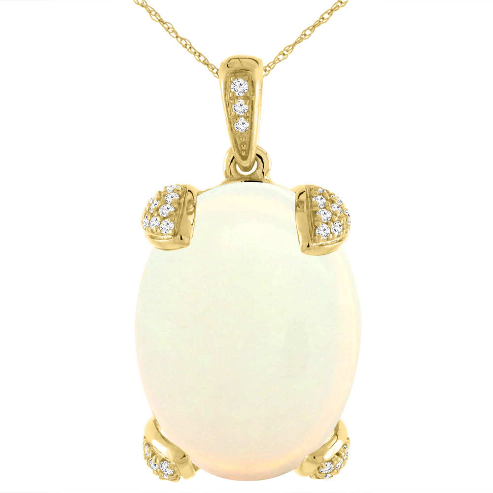 14K YELLOW GOLD NATURAL OPAL NECKLACE OVAL 18X13 MM WITH DIAMOND ACCENTS