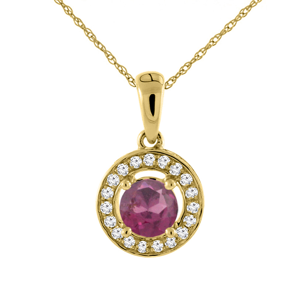 14K YELLOW GOLD NATURAL RHODOLITE NECKLACE WITH DIAMOND HALO ROUND 5 MM