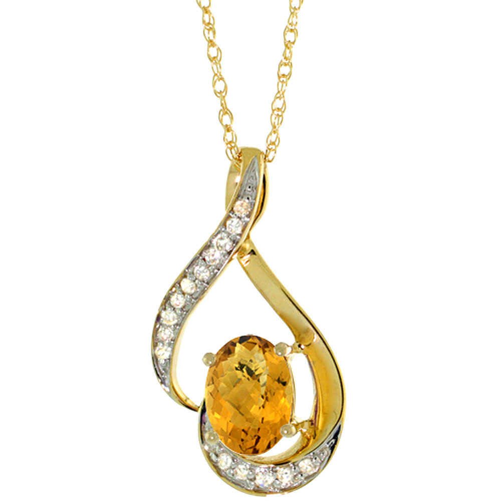 14K YELLOW GOLD DIAMOND NATURAL WHISKY QUARTZ NECKLACE OVAL 7X5 MM, 18 INCH LONG