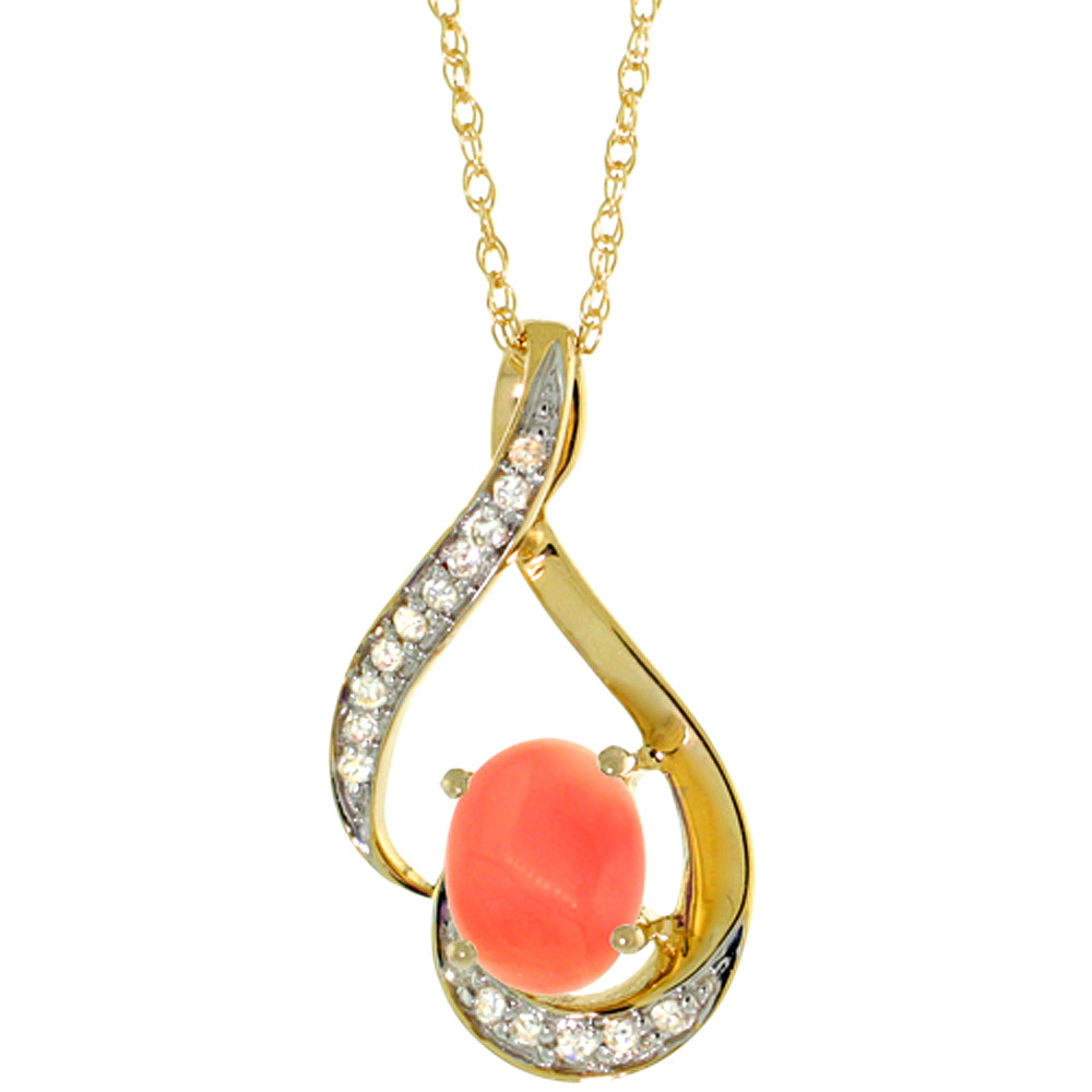 14K YELLOW GOLD DIAMOND NATURAL CORAL NECKLACE OVAL 7X5 MM, 18 INCH LONG