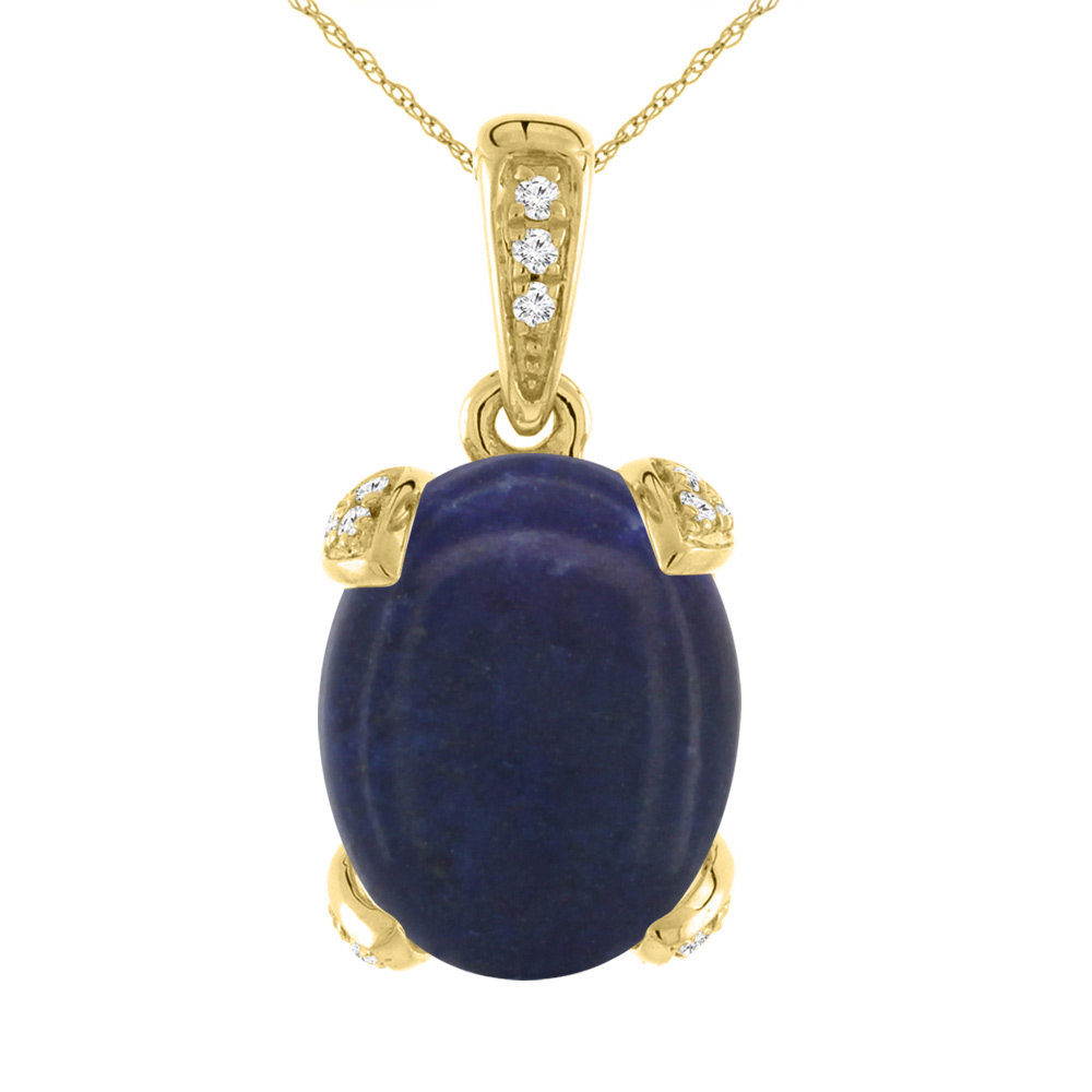 14K YELLOW GOLD NATURAL LAPIS NECKLACE OVAL 10X8 MM WITH DIAMOND ACCENTS