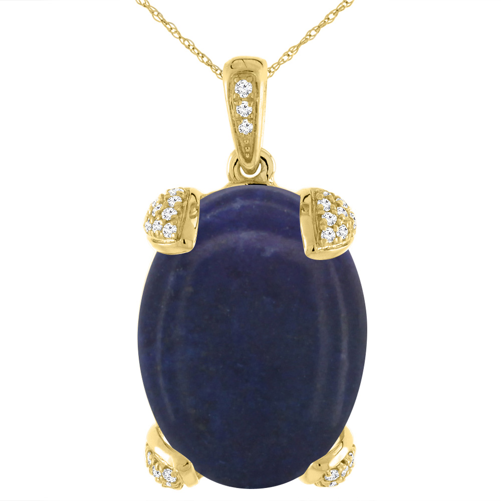 14K YELLOW GOLD NATURAL LAPIS NECKLACE OVAL 18X13 MM WITH DIAMOND ACCENTS