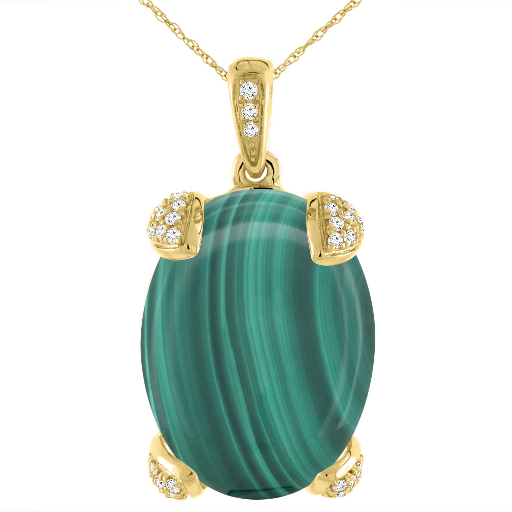 14K YELLOW GOLD NATURAL MALACHITE NECKLACE OVAL 18X13 MM WITH DIAMOND ACCENTS